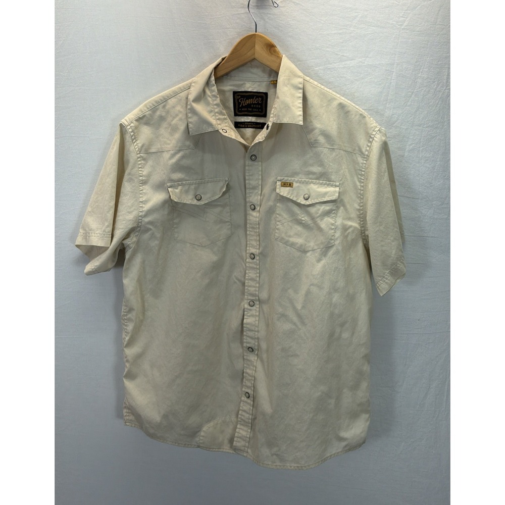 Howler Brothers Mens H-Bar-B Snapshirt Beige Western Short Sleeve Shirt Large